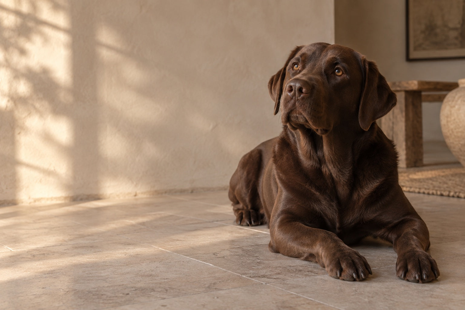 Chocolate-brown dog resting in a warm, quiet home