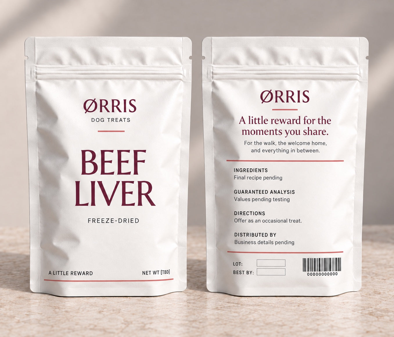 Front and back of the ØRRIS pouch concept; draft back copy is visible