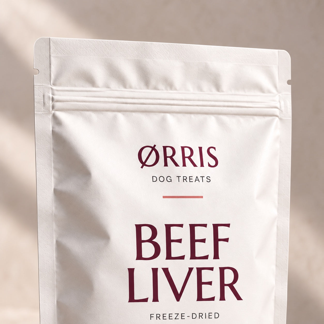 Close view of the corrected ØRRIS pouch, zipper and front lettering